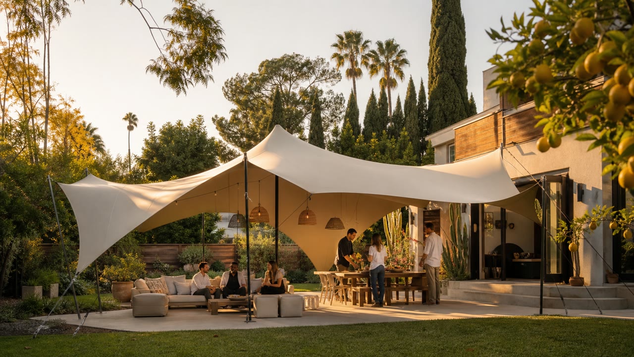 Open stretch tent in a landscaped California backyard