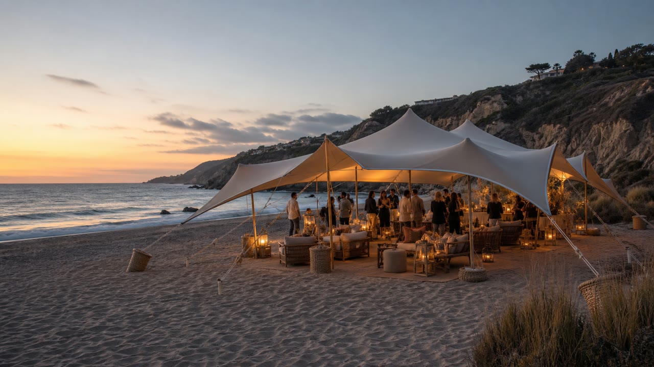 Open stretch tent gathering on a California beach at sunset