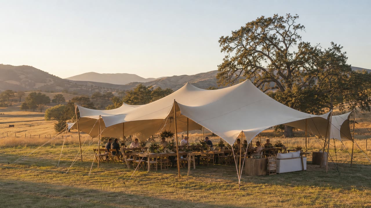 Open stretch tent in the golden California countryside