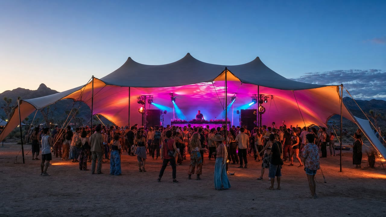 Outdoor music festival beneath a stretch tent in the California desert