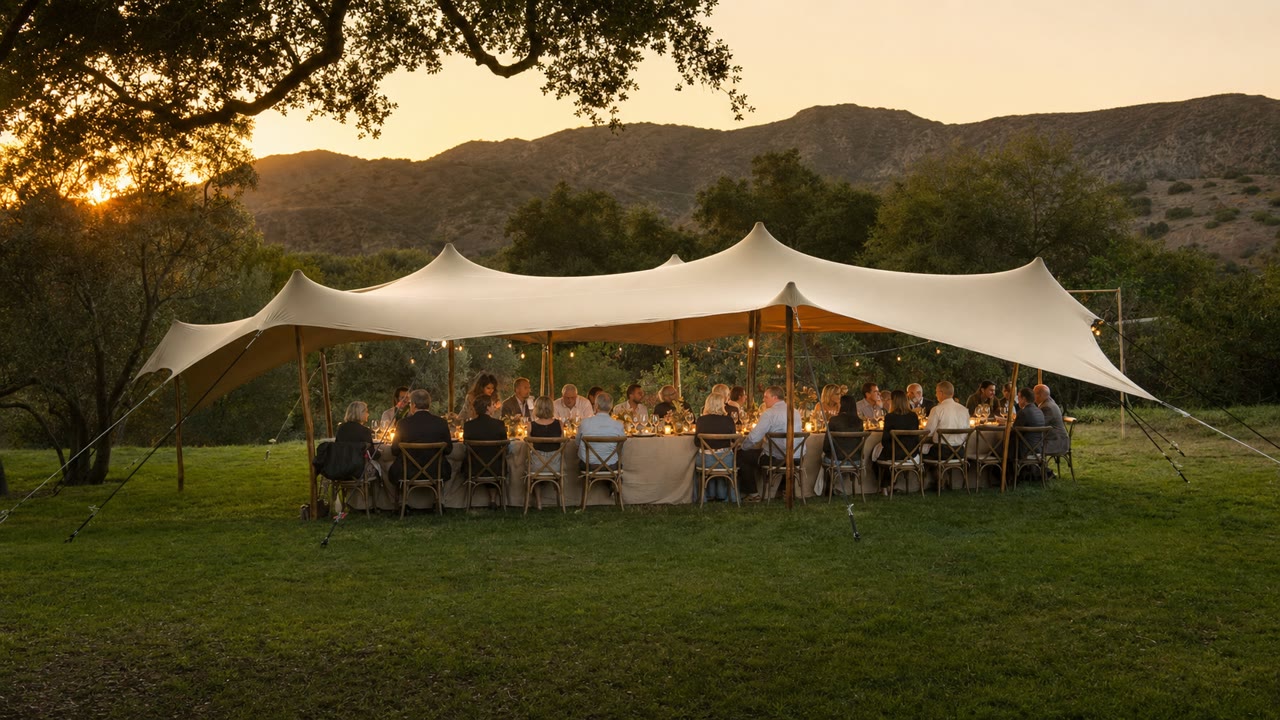 Private sunset dinner beneath a stretch tent at an Ojai estate