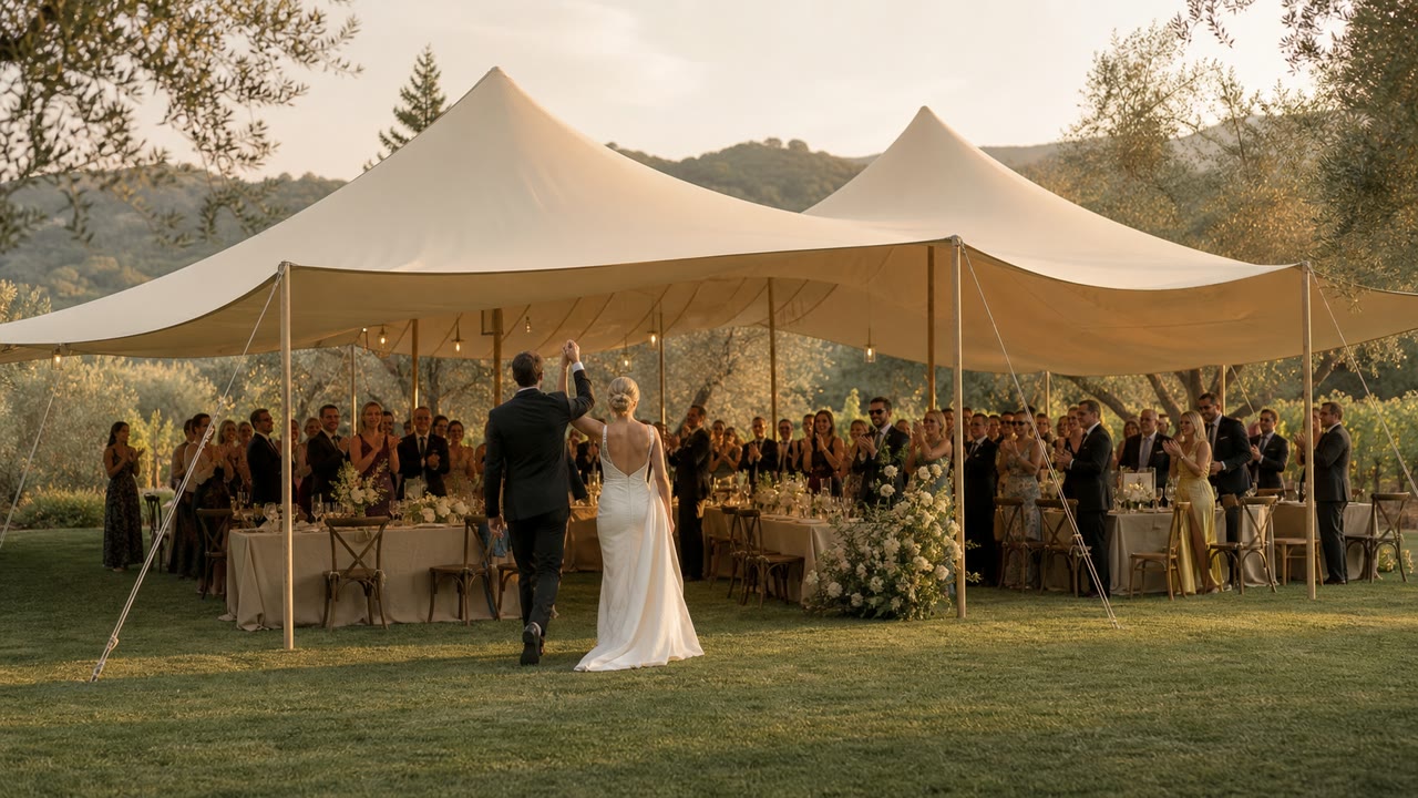 Newlyweds entering a wedding reception beneath a stretch tent in a California olive grove