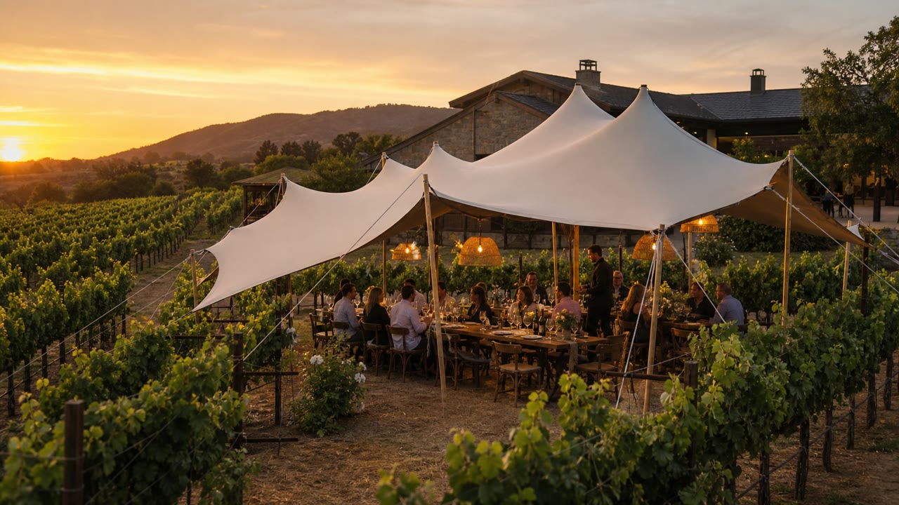 Open stretch tent dinner among California vineyard rows