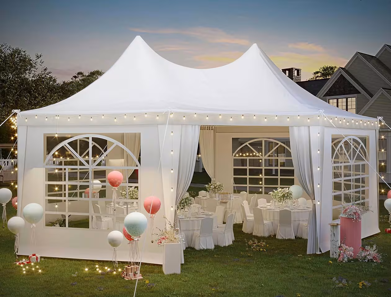 Stretch tent decorated with balloons for a birthday celebration