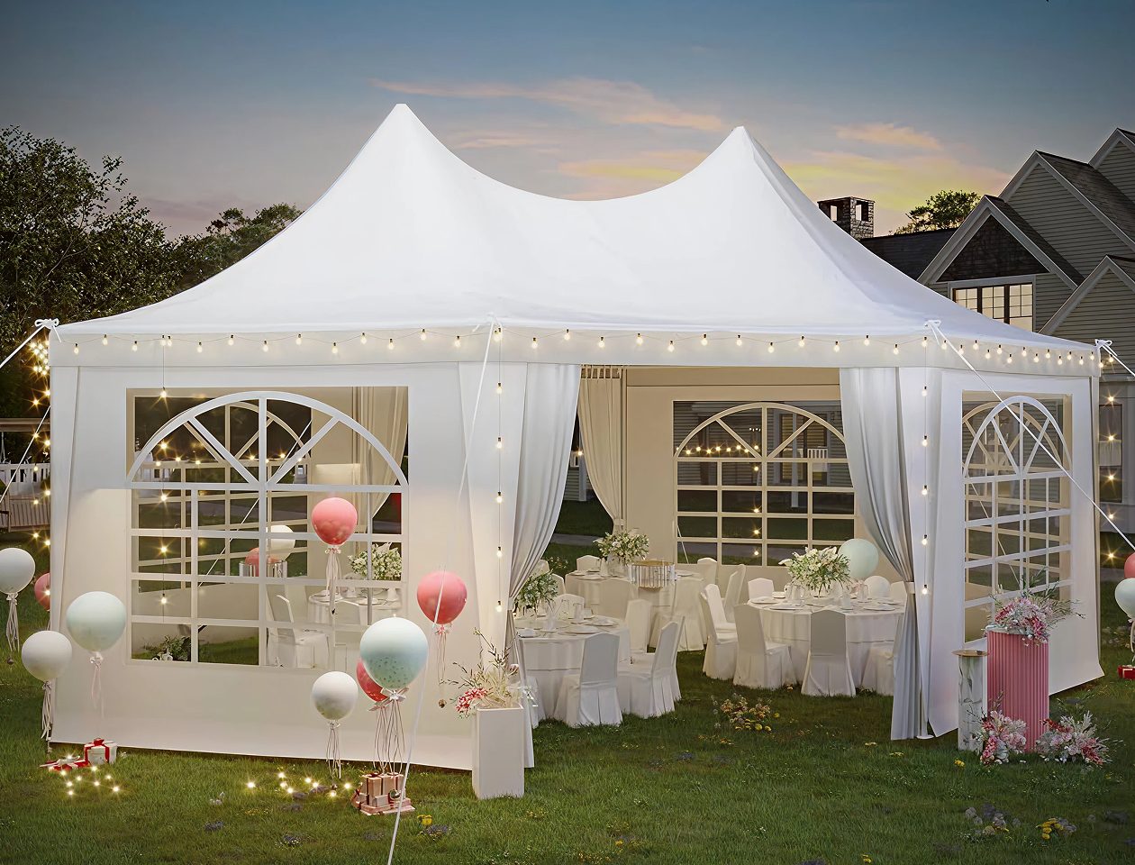 Stretch tent decorated with balloons for a birthday celebration